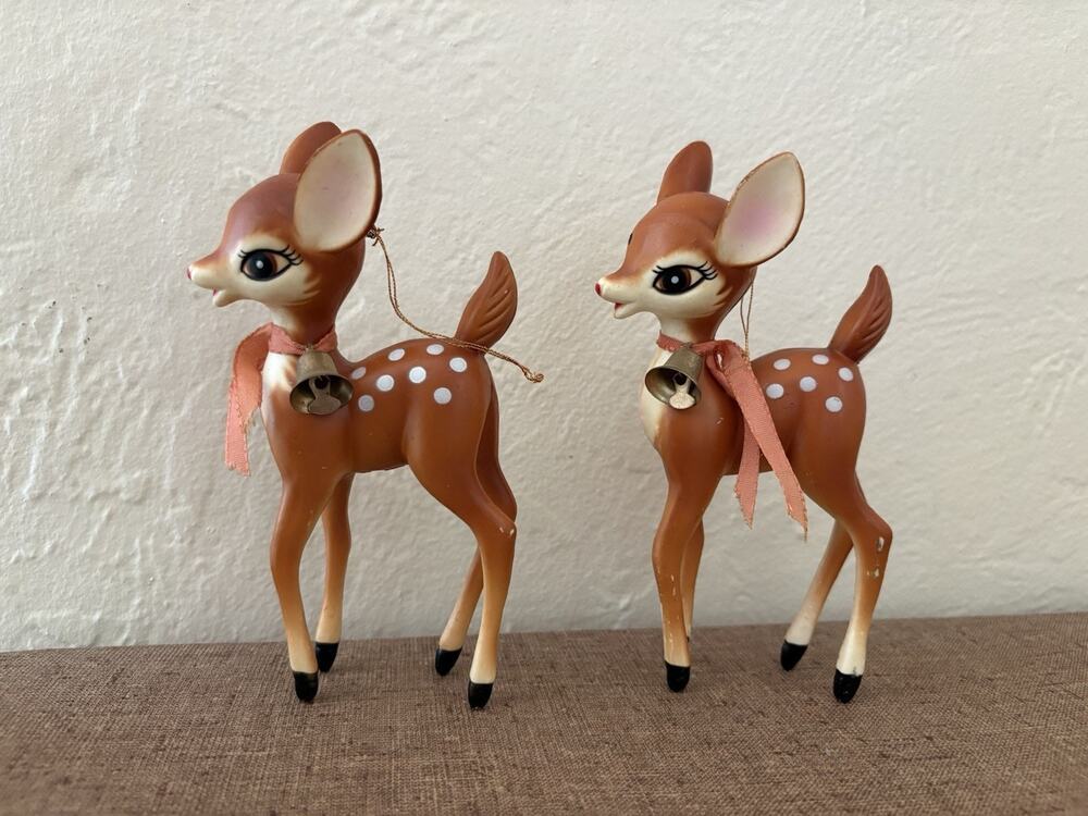 Vintage Christmas Hard Plastic Bambi Reindeer Deer Figurine Gold Bell Set of 2